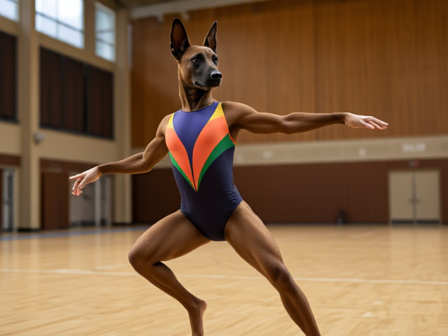 Anthropomorphic Belgian Malinois wearing a colorful gymnastics leotard, performing in a well-lit gymnasium, dynamic pose, detailed fur and fabric textures