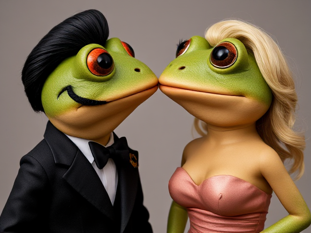 A frog wearing a dark suit with slicked-back Elvis Presley hair and a handlebar mustache, alongside another frog in a strapless dress with big eyelashes and blonde hair. There lips are sticking out to kiss, with their eyes popping out