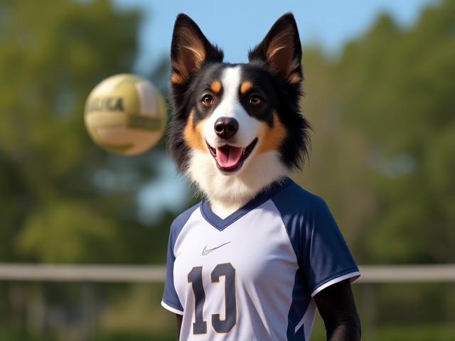 A tall anthropomorphic border collie volleyball player in her volleyball uniform
