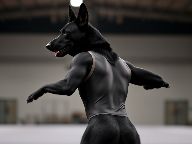 Anthropomorphic black German shepherd, broad shoulders, muscular back, wearing a detailed gymnastics leotard, dynamic pose, well-lit environment