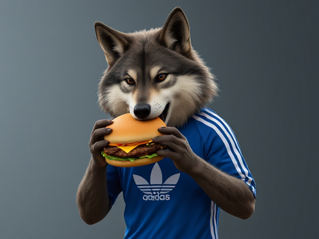 A anthropomorphic wolf wearing an adidas swimsuit eating a Big Mac
