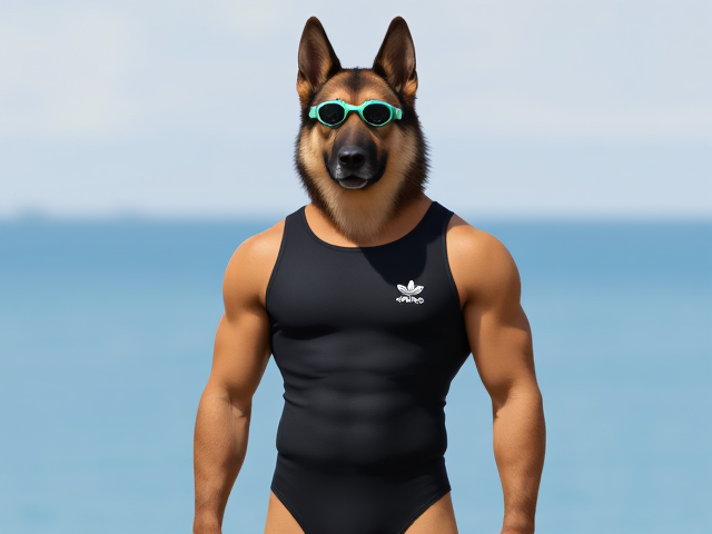 A tall and lean anthropomorphic German shepherd with a long torso and broad shoulders wearing a Adidas one piece swimsuit and swimming goggles