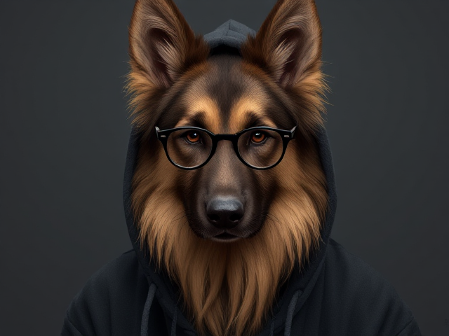 A anthropomorphic long-haired German shepherd wearing a hoodie, glasses, and leggings
