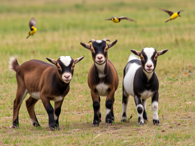 Create an image of 3 chubby baby goats playing in a paddock with honeyeater birds flying around them.
