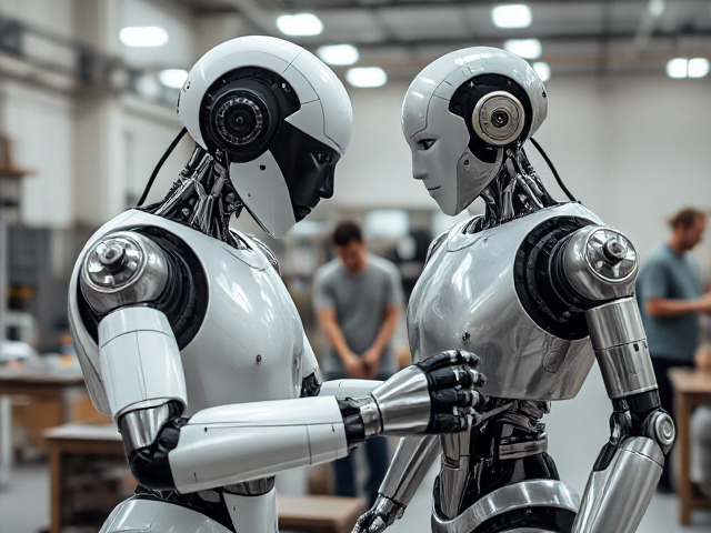 generate for me A lifelike humanoid robot using tools to build another robot in a bright workshop, realistic lighting, high detail metal textures, casual human engineers in the background, natural documentary photography style