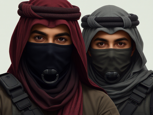 Two men, military clothing, Arab, one with violet eyes and woth dark brown eyes, mask covering their face