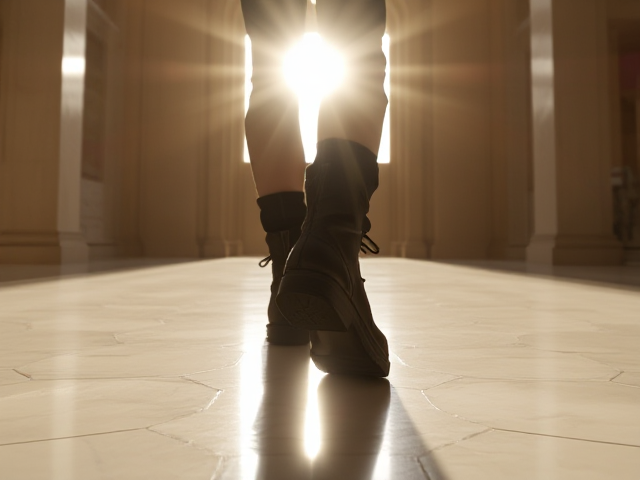 Someone walking with black combat boots on white marble floor