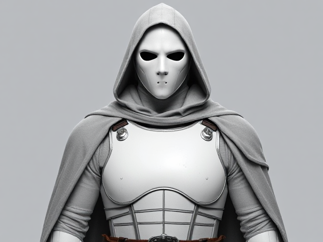 Man in white body armor and mask, and grey cloak.  The chest plate is simple and lacks detail and texture.  The mask stops just above the jaw, and the moth is visible.