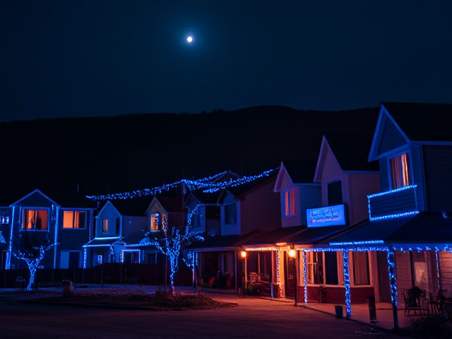 A ghost themed 1990s town with blue lights decorated