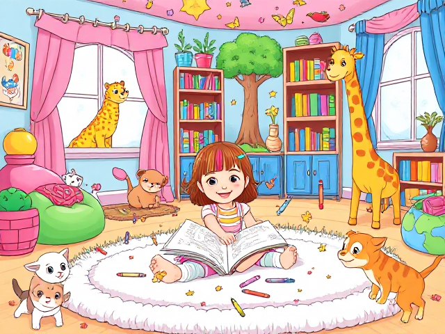 Create a vibrant and enchanting cover for a toddler's coloring book that depicts a magical playroom. The scene should feature a lively cartoon girl with colorful hair, joyfully surrounded by a variety of adorable cartoon animals. She is sitting on a fluffy, oversized rug, with crayons scattered around her, eagerly coloring in a large picture book filled with fun illustrations. Playful kittens in a rainbow of colors are chasing after colorful butterflies fluttering through the air, while a friendly puppy with big, sparkling eyes peeks out from behind a cozy bean bag chair. In one corner, a cheerful giraffe is playfully poking its head through the window, looking curiously at the girl. The walls should be decorated with bright, imaginative artwork and posters of friendly dinosaurs, whimsical trees, and stars. Add colorful shelves filled with toys, books, and plush animals, creating a warm and inviting atmosphere. The entire design should be bursting with bright colors, playful characters, and a sense of adventure, making it irresistible for children and their parents, and inspiring a love for creativity and exploration.