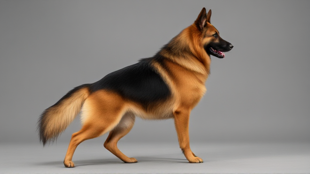 Long-haired German Shepherd with a leotard, performing gymnastics, emphasizing her hips, vibrant and dynamic pose