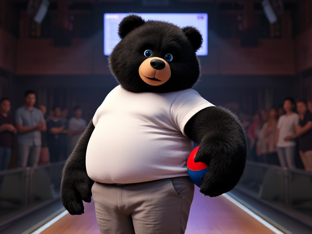 A big stocky human teddy bear black fur blue eyes wearing a white t shirt light grey pants holding a blue and red pro reactive bowling ball in his right hand standing at the approach with fans watching him