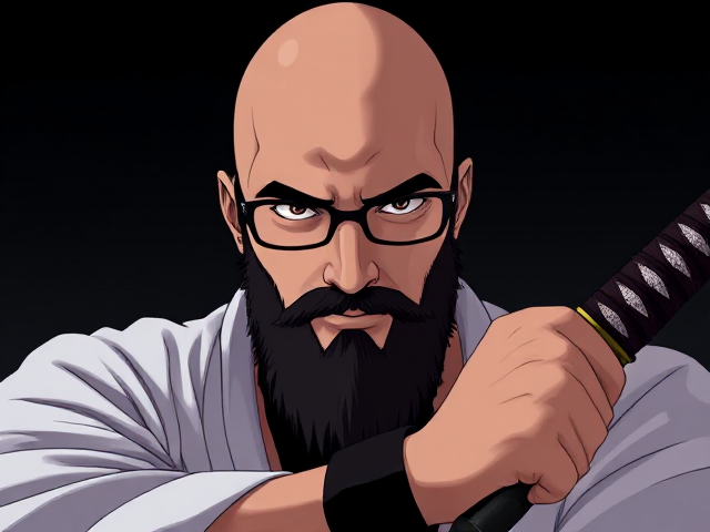 8k, detailed Bleach the anime style image of a young bald Muslim man with a bushy beard and wearing black-framed eyeglasses holding a katana.