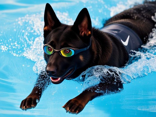 Anthropomorphic black German shepherd swimming, wearing a sleek Nike swimsuit and professional swimming goggles, dynamic pose, detailed water splashes, vibrant lighting
