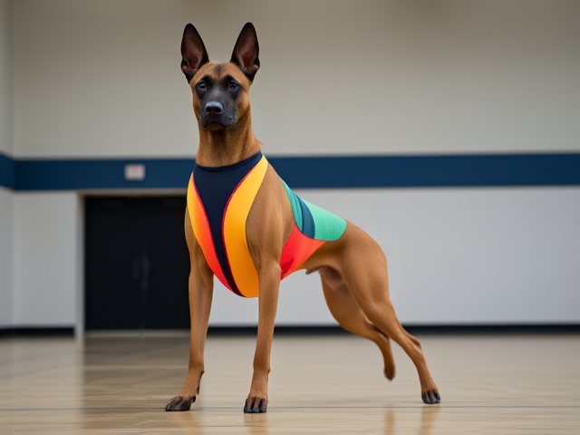 Belgian Malinois wearing a colorful gymnastics leotard, showcasing its athletic form and poise, set against a simple gymnasium background