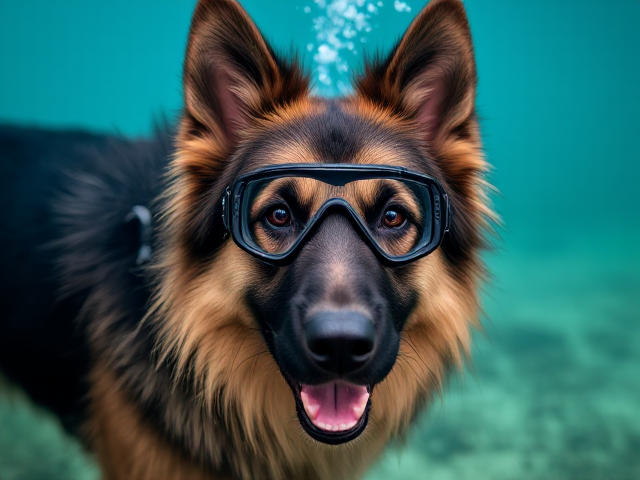 A long haired German shepherd wearing Freediving goggles