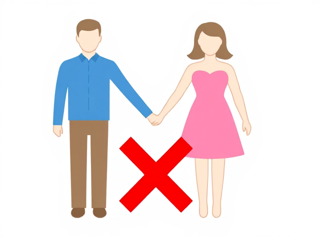 Add an icon depicting a man and a woman holding hands, symbolizing relationships or romantic distractions. The figures should be simple and stylized, with minimal detail, showing only the silhouettes of the man and woman. The man should be on the left with blue shirt, and the woman on the right with pink dress, each figure outlined in neutral colors. Use a soft color palette with no distinct facial features, keeping the focus on the action of holding hands. Enclose the icon in a white, rounded square background, and place a large red "X" below the icon to indicate that relationships (or romantic distractions) are discouraged for success. The red "X" should be bold, clear, and centrally aligned under the icon.