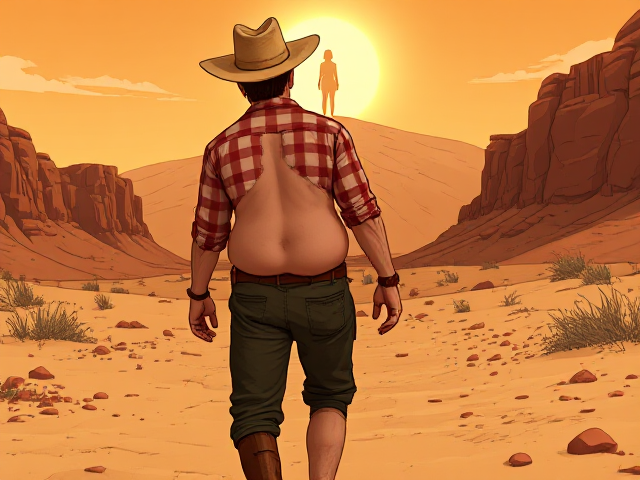 Un cow-boy vu de dos marche dans un désert aride.
Il est maigre avec un gros ventre, des bras et jambes osseux, poilus.
Il porte un vieux chapeau de paille, une chemise rouge et blanche à carreaux déchirée, un pantalon court vert en tissu épais, abîmé.
Ses vêtements sont sales et en très mauvais état.
Le décor : un désert de style western, avec sable, roches rouges, falaises et cailloux.
En haut d’une colline, loin devant lui, une femme mystérieuse se tient, éclairée comme un mirage.

Style visuel : dessin animé vintage, couleurs chaudes, texture comme dans Lucky Luke.