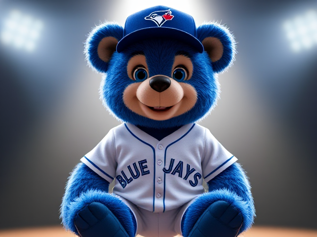 A human athletic teddy bear blue fur blue eyes wearing a blue baseball hat with a blue jay logo white v neck athletic shirt with blue jays written across the front in blue white baseball pants with blue piping down the sides blue baseball socks blue cleats smiling posing