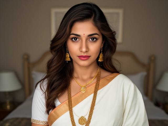 Indian woman with brown eyes, brown hair in a bedroom with a  full white saree on and gold bangels, earrings, rights, and anklets, moles on cheek and forehead, no blurry background