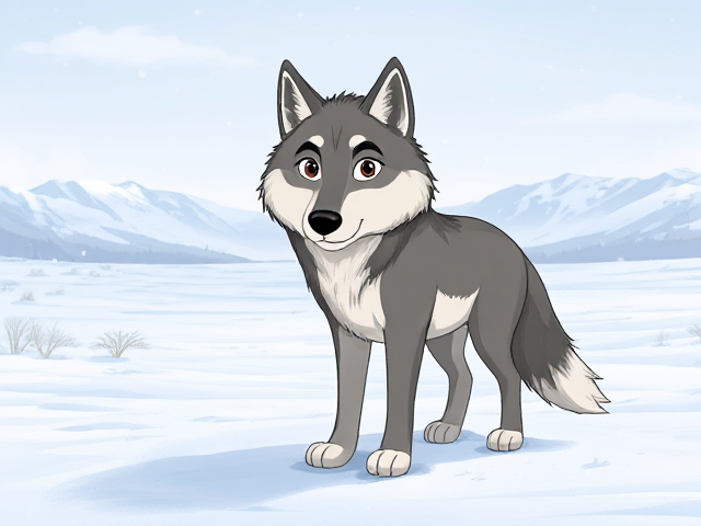 cartoon wolf with detailed fur and expressive eyes, standing in a vast snowy tundra landscape with gentle snowfall and distant mountains
