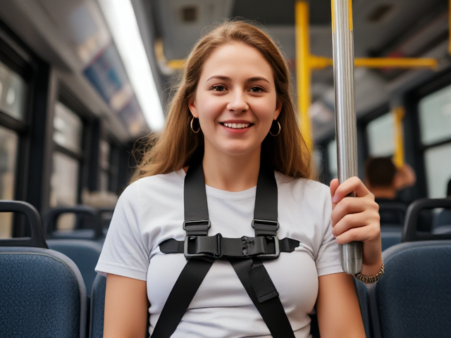Woman on the bus wearing a 5 point harness