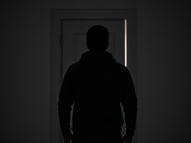 A person stands facing the viewers, illuminated by a glowing doorway or vault behind them. Their face is obscured by shadows or a hoodie, adding an air of mystery to their identity. The bright light spills out from the door, hinting at something concealed within, sparking intrigue. The figure's posture conveys anticipation, as if they are on the brink of revealing something significant or secret. The minimal background ensures all attention is drawn to this suspenseful moment, with a captivating interplay of light and shadow that keeps viewers guessing.