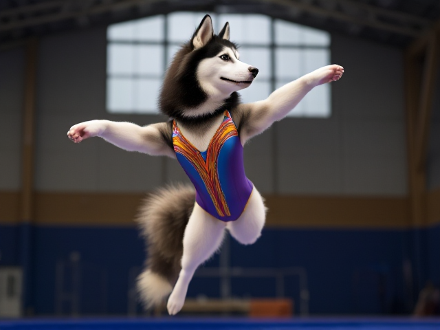 Anthropomorphic Alaskan malamute wearing a vibrant gymnastics leotard, set against a dynamic gymnasium backdrop, showcasing agility and elegance in motion