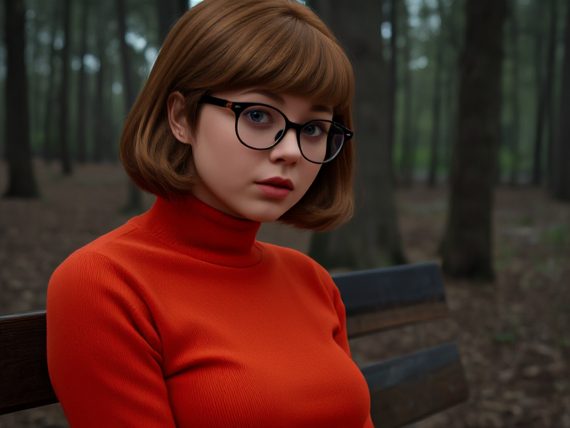 Velma dinkley from the first Scooby Doo looking sad while sitting on a bench in the woods wearing her usual orange turtleneck, red shirt skirt and hornrimed glasses