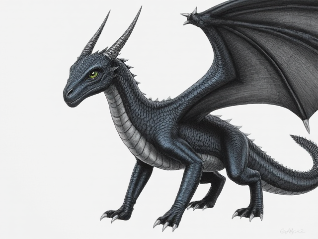 Young Female dragon with dark, midnight blue scales and huge obsidian black wings; obsidian black underbelly and clawed feet. She has small spikes that align from her head horns down to her back jaw. Her eyes are venom green. Narrow, beautiful face and an elegantly long neck. Has small ears like a horse. Powerfully built with taut muscles under her scales. She moves purposefully and proudly; has an expression of maturity and seriousness in her face