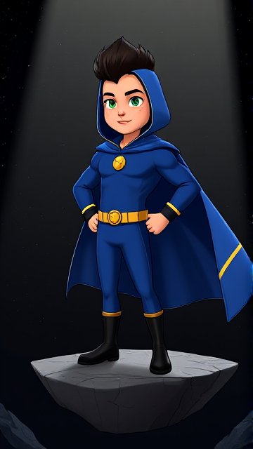 Dramatic Cartoon scene: A preteen 12-year old boy with light skin and freckles on his cheeks named Kyle Lipton, but transformed into a mysterious cosmic superhero named Dr. Dimensionpants, who, despite still being a kid, has an extremely muscular body. He wears a tight blue hood outlined by a yellow line that covers the back half of his head and leaves his ears exposed, with a smooth, slicked back black mohawk on top. He also wears a sleek blue bodysuit outlined with yellow lines on the cuffs of the sleeves and pants, a golden belt with a circular buckle, black boots, and a really big, heel-length long, ultra-wide blue cape with a really big collar outlined with yellow lines wreathed around his neck held up by a golden button. The pupils in his eyes are green, and he has a long black twin moustache, which help protect his true identity in this form. He also has incredible, invincible, and cosmic superpowers flowing through his veins. He is currently standing on a floating rock platform drifting through the pitch-black void of a mysterious dimension he finds himself trapped in, searching for a way to escape.