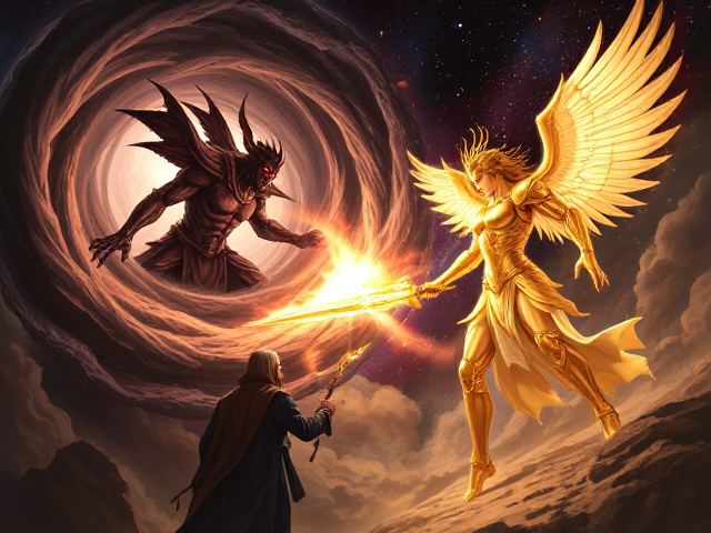 An epic celestial confrontation between powerful deities unfolds in a vast, cosmic battleground. One deity, cloaked in a swirling vortex of sinister shadows, emanates a malevolent energy, their eyes glowing with an eerie crimson light. Jagged tendrils of dark matter twist and coil around their form, ready to strike with devastating force. Opposing them stands a radiant figure of righteous brilliance, their armor gleaming like molten gold, casting beams of pure light that cut through the darkness. Their ethereal wings shimmer with iridescent hues, and their weapon—a blade infused with celestial fire—burns with unwavering resolve.

In the periphery, partially obscured by shifting clouds of cosmic dust, a third figure lurks in the shadows. This enigmatic presence, cloaked in flowing robes that merge with the void itself, observes the clash with calculating intensity. One hand hovers near an ancient artifact, charged with latent power, poised to intervene or tip the scales of battle. The heavens ripple with energy, stars dim under the weight of the divine conflict, and the very fabric of reality quivers in anticipation of an outcome that could reshape existence itself.