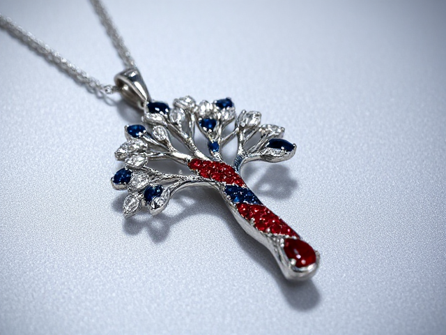 tree pendant necklace, intricately crafted with exquisite detail, shimmering silver surface, the trunk and branches are made from rare red painite and deep blue sapphires, creating a striking pattern like a candy cane, dazzling diamonds elegantly set as leaves glistening in light, sophisticated and luxurious design, soft ambient lighting highlighting every aspect of craftsmanship, macro focus capturing every facet and sparkle in high resolution, elegant branches extending gracefully from the trunk with meticulous precision