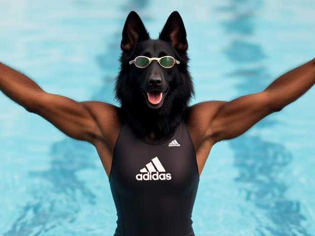 A tall anthropomorphic long haired black German shepherd wearing an adidas swimsuit and swimming goggles stretching her arms out straight into the air before a swim
