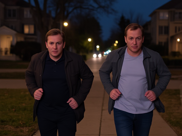 Two serious looking middle aged men running down the sidewalk in a suburban residential block in the middle of the night