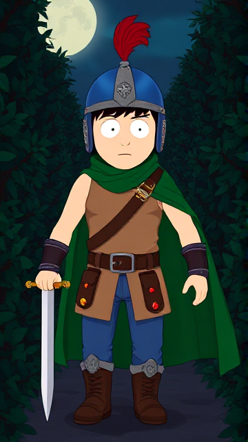 Dramatic Cartoon scene: Stan Marsh from South Park, light skin and black hair, but as a 14-Year Old teenager with a muscular torso, dressed as a medieval warrior, wearing a light brown tank top, a black belt with a red buckle adorned with a castle emblem with brown pouches and the scabbard for his enchanted sword attached to it, blue jeans, steel armored boots, jeweled wrist cuffs, a really big, heel-length long, ultra-wide green cape held up by two silver buttons with red jewels with a strong unbreakable wire connecting them both, and a blue helmet with buffalo emblems on both sides, outlined by silver steel rims going around and across the top, with a really long red feather sticking out at the top. He is now known as Sir Marsh. Despite still being a teenage kid, he is the Youngest Commander of the Zaronian Army, and one of the youngest and greatest heroes hailing from South Park, Colorado, but now reborn as the real life Kingdom of Kupa Keep, Zaron. With his signature enchanted sword, the Slashing Blade Of The Ranger, held tightly in his hand, the young teenage hero is currently walking through a dangerous bramble maze in the dark of the night as he searches for the way out.
