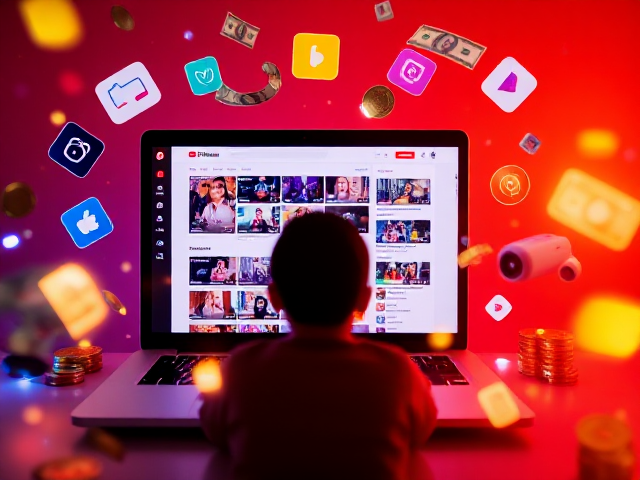 Create a vibrant, eye-catching thumbnail focused on YouTube content creation and financial success. The scene should feature a laptop screen displaying a YouTube dashboard with colorful video thumbnails, some showing signs of high engagement (like many views and likes). Surround the laptop with floating icons representing content creation tools like Canva, ChatGPT, and a camera symbol. Add blurry, glowing dollar bills and coins flowing around the scene, as if they are floating or being pulled towards the laptop, to symbolize financial rewards. Include a faceless figure in front of the laptop, actively working on content. Use dynamic elements like bright accents, colorful swirls, and a mix of glowing icons to convey productivity, creativity, and financial growth. The colors should be bold and contrasting, capturing attention while conveying excitement and success.