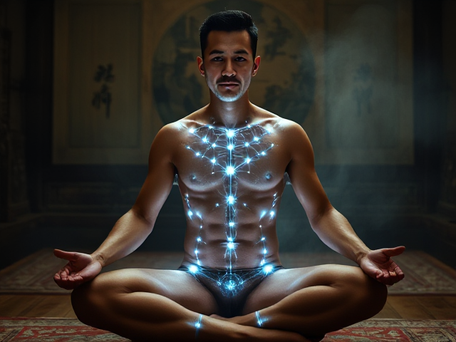 Homme torse nu avec des lumières émanant du corps, suivant précisément les lignes des méridiens chinois dans tout le corps, ambiance mystique et lumineuse, mettant en valeur l'énergie vitale et la spiritualité assis les jambes croisées, peau éclatante et légèrement translucide montrant un réseau complexe de lumière intérieure, décor asiatique ancien en arrière-plan avec une brume douce accentuant l'ambiance spirituelle, détails fins des muscles reflétant une connexion harmonieuse entre le physique et le spirituel