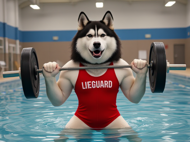 A anthropomorphic alaskan malamute wearing a red lifeguard one piece swimsuit lifting a barbell in a indoor pool