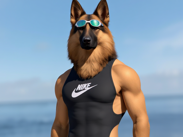 A tall anthropomorphic long haired German shepherd with a long torso and broad shoulders wearing a high cut Nike one piece swimsuit and swimming goggles