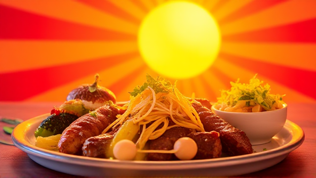 Delicious gourmet cuisine artfully arranged on a vibrant, colorful backdrop with the background of the image similar to  a restaurant landing page template.