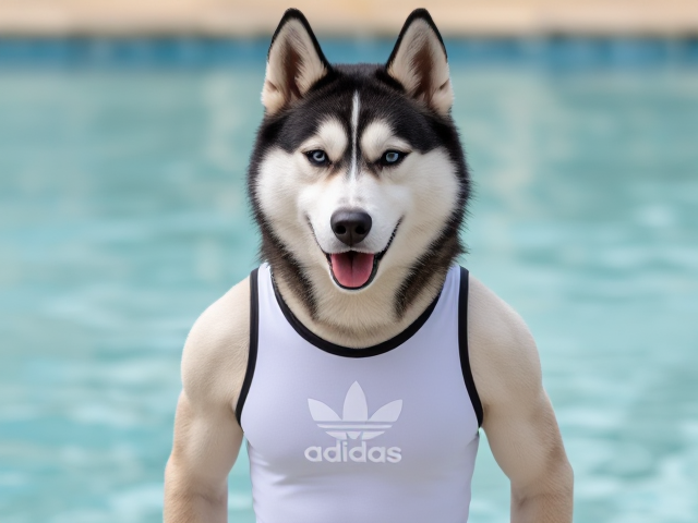 A anthropomorphic Siberian husky wearing an adidas swimsuit