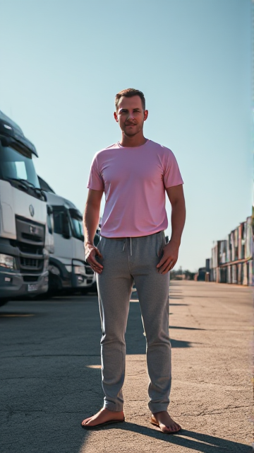 Full body portrait of Man wearing skinny sweatpants, pink shirt, and slippers standing in a truck yard. Daytime.