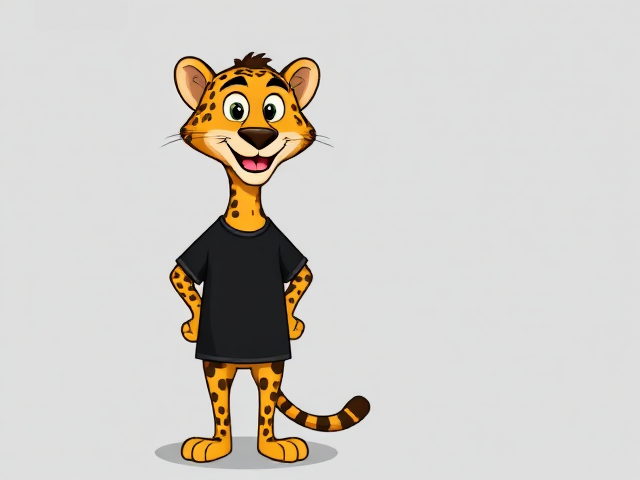 Cartoon-style cheetah character, standing upright, wearing a black t-shirt, vibrant colors, cheerful expression, detailed fur texture, no pants