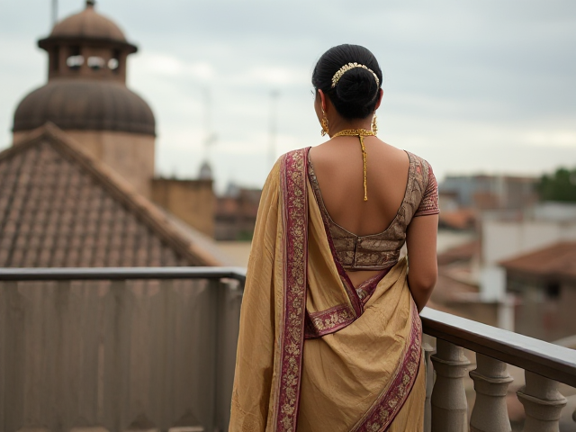 Indian woman in traditional Nikkah clothing with back turned on a balcony roof, skinny