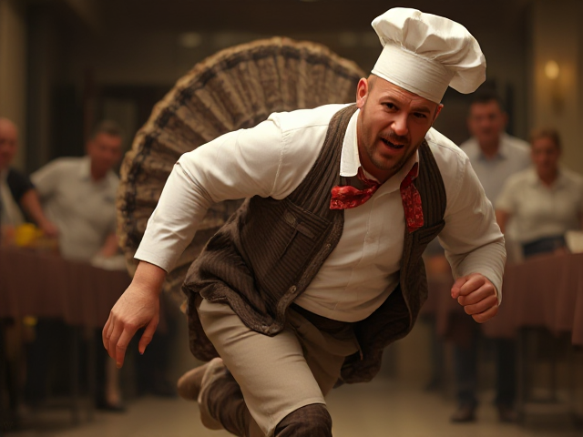 Jason Statham dressed as a turkey, running away from a chef.