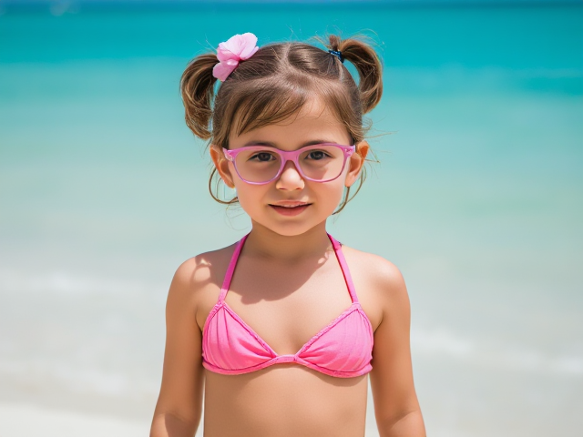 Glasses Little girl in a pink bikini