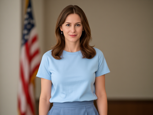Brunette politician wearing a light blue t  shirt skirt