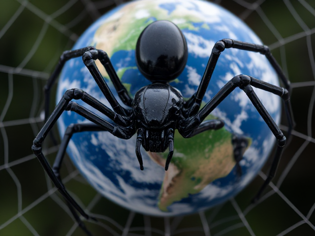 une araignee robot de métal noir , avec des baskets a chaque pieds tissant sa toile autour du globe terrestre,  en allusion au Web. le globe sera en vue partielle et en gros plan
