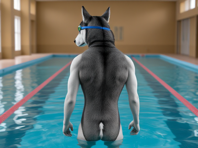 A tall anthropomorphic Siberian husky with a long torso and broad shoulders wearing a high cut Nike one piece swimsuit and swimming goggles, in a indoor swimming pool